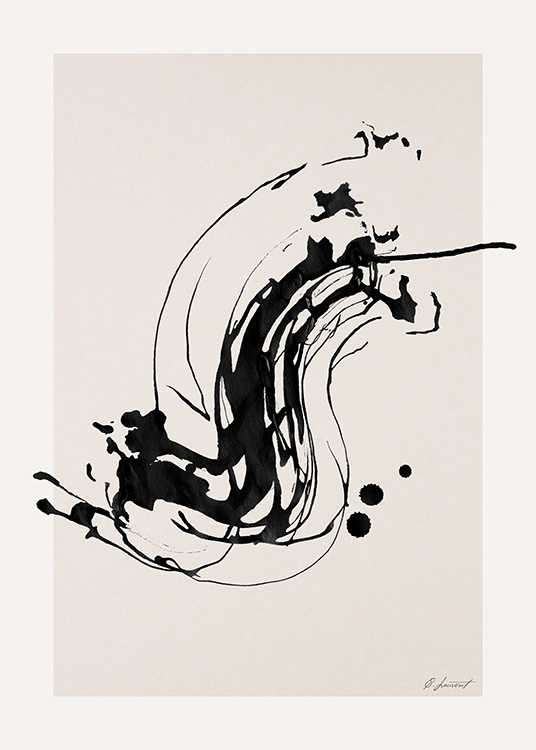  – Abstracción con un brochazo desigual negro en pintura, sobre un fondo beis