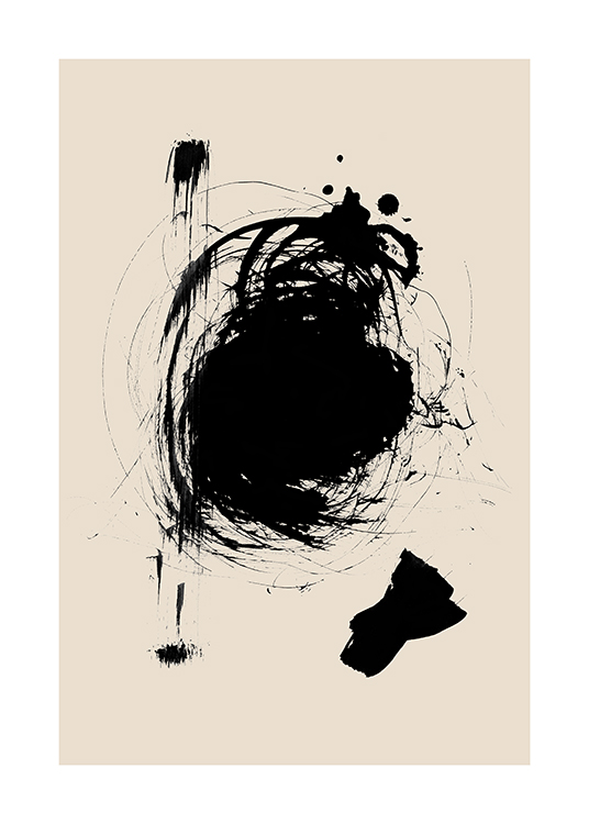  – Ilustración de diseño gráfico con un una figura abstracta realiza en pintura negra, sobre fondo beis