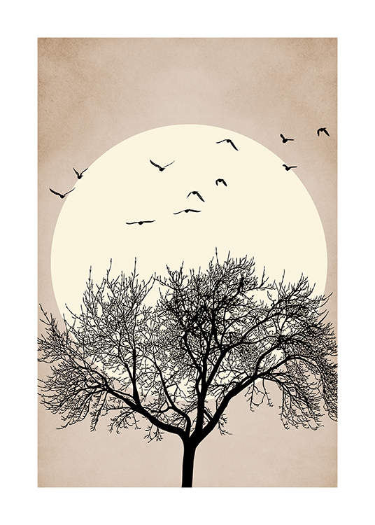  – Ilustración de diseño gráfico con un árbol grande y negro en el centro, un sol detrás y pájaros en el cielo
