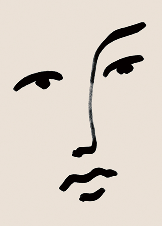  – Ilustración de arte de línea con dos ojos, una nariz y labios en trazos negros, fondo beis
