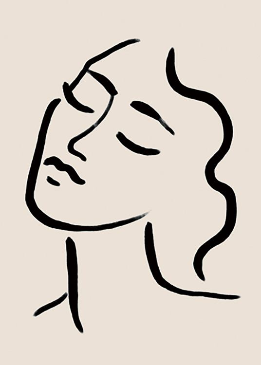  – Ilustración de arte de línea con una mujer con los ojos cerrados en trazos negros, fondo beis