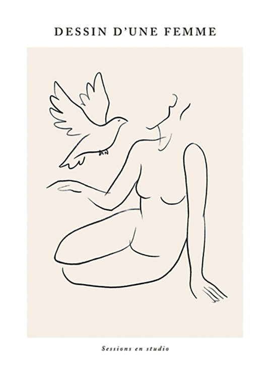  – Ilustración de arte de línea con una mujer sentada y una paloma, motivo realizado en trazos negros sobre un fondo beis con texto en la parte superior e inferior