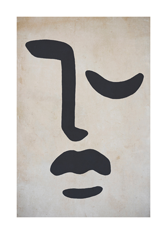  – Ilustración de diseño gráfico con trazos abstractos que dibujan una nariz, un ojo cerrado y labios gruesos en negro, fondo beis grisáseo