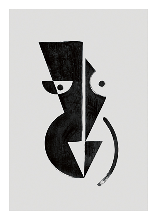  – Ilustración de diseño gráfico con figuras geométricas abstractas en negro con estructura irregular y fondo gris