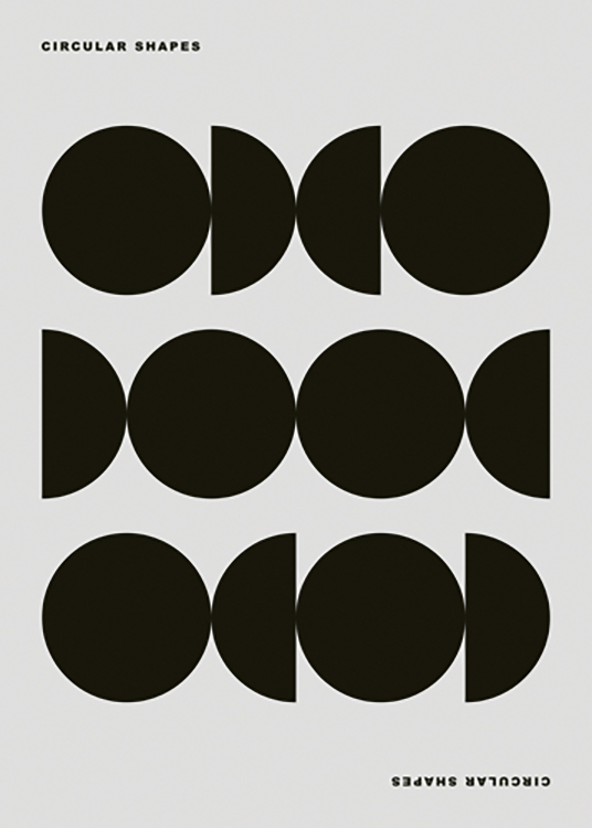  – Ilustración de diseño gráfico con círculos y semicírculos negros, fondo gris y texto en la parte superior e inferior del motivo