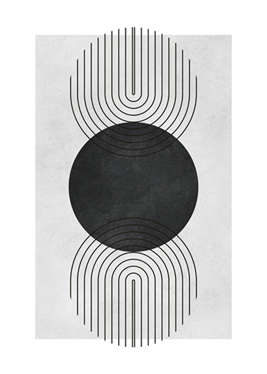  – Ilustración de diseño gráfico con arcos en forma de círculos y un círculo negro en el medio