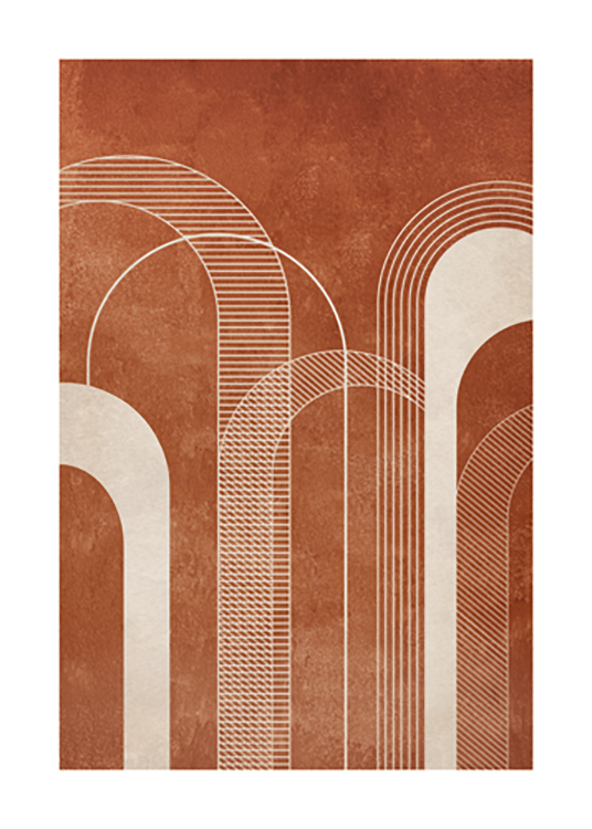  – Ilustración de diseño gráfico con arcos abstractos en beis claro y líneas sobre un fondo terracota de estructura irregular