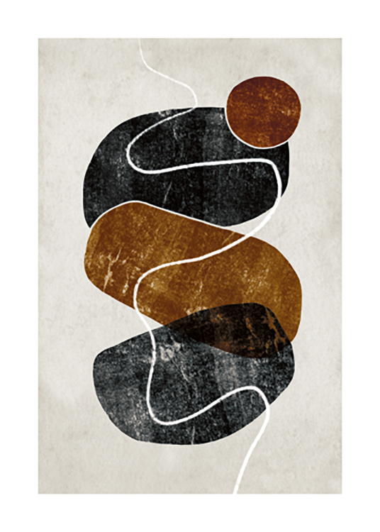  – Ilustración de diseño gráfico con piedras marrones y negras y una línea sinuosa blanca atravesándolas