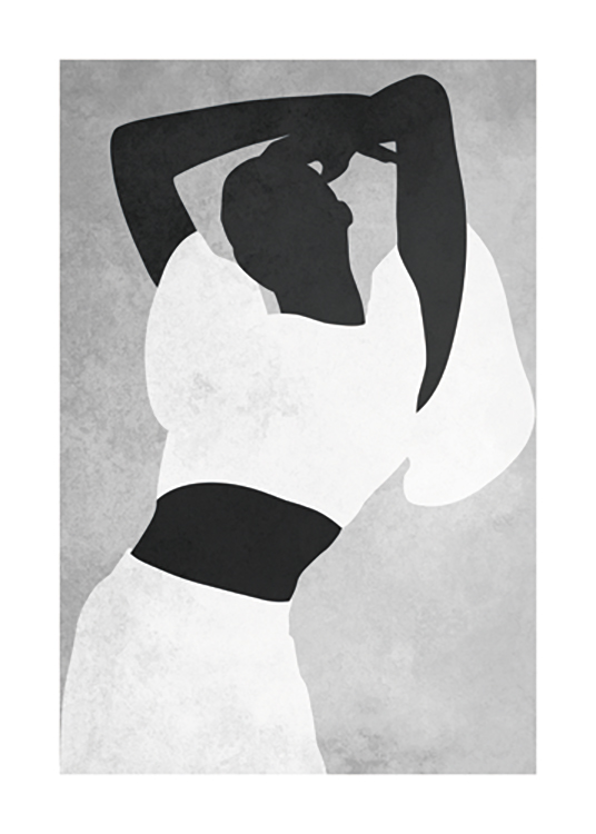  – Ilustración de diseño gráfico con una mujer de blanco con las manos encima de la cabeza y fondo gris