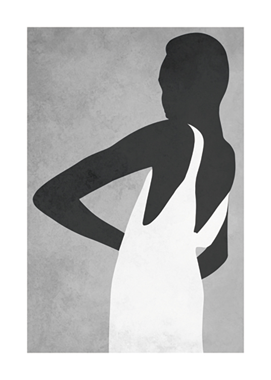  – Ilustración de diseño gráfico con una mujer que lleva un vestido blanco y fondo gris