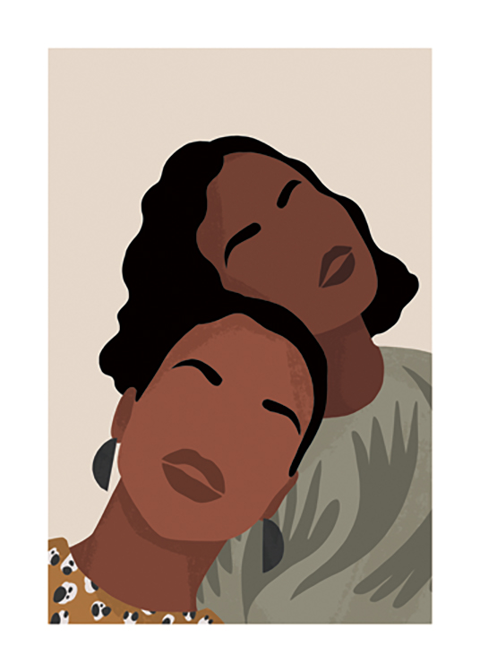  – Ilustración de diseño gráfico con dos mujeres de cabello negro con tops estampados, apoyadas una contra otra