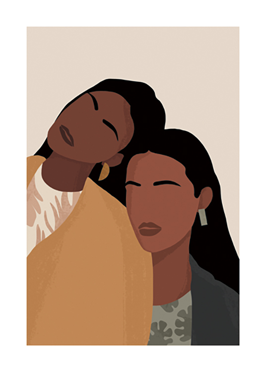  – Ilustración de diseño gráfico con dos mujeres de cabello negro con ropa verde y amarilla, apoyadas una contra otra