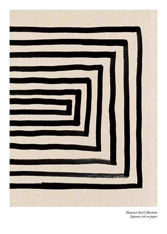  – Ilustración con líneas negras que forman un rectángulo sobre un fondo beis granulado y texto en la parte inferior del motivo