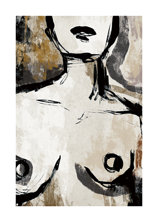  – Ilustración en beis del cuello y los pechos desnudos de una mujer desnuda delineados en negro, fondo beis y marrón