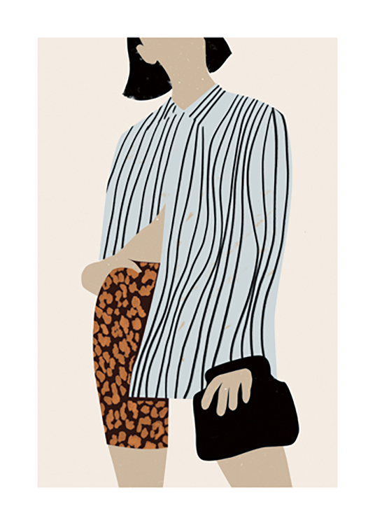  – Ilustración de diseño gráfico con una mujer con una camisa a rayas blancas y negras, bermudas con animal print y un bolso negro en la mano