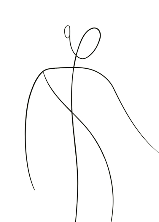  – Ilustración de arte de línea en negro con un cuerpo y un rostro abstracto sobre un fondo blanco