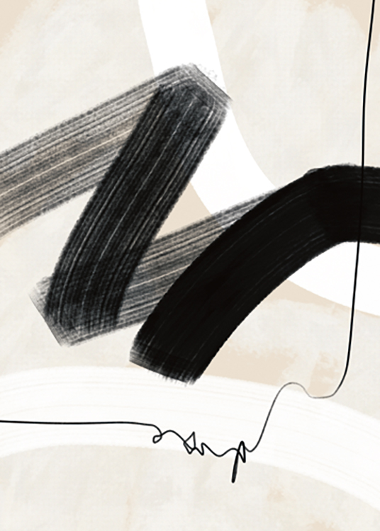  – Ilustración de diseño gráfico con trazos gruesos de pintura negra y blanca y una línea negra sobre un fondo beis claro
