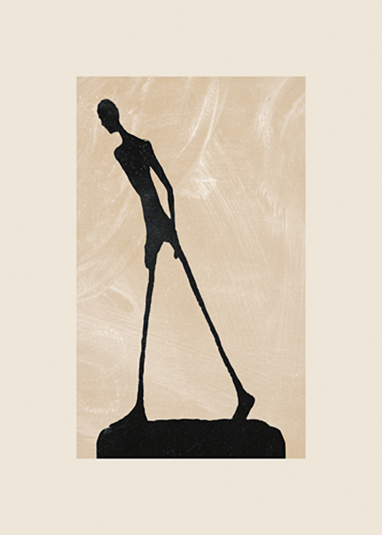  – Ilustración de diseño gráfico con una escultura negra con piernas delgadas, fondo beis con detalles irregulares en blanco