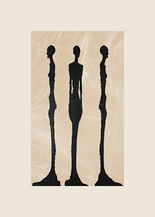  – Ilustración de diseño gráfico con tres escultura negras, fondo beis con estructura irregular y detalles en blanco