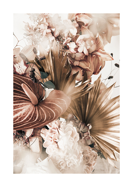  – Fotografía del primer plano de un ramo de flores marrones, blancas y rosas