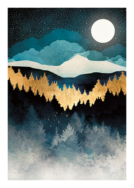  – Ilustración de diseño gráfico de un bosque con árboles azules y dorados y una con estrellas de fondo