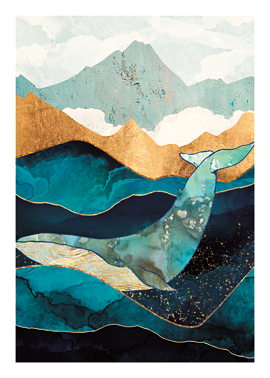  – Ilustración de diseño gráfico con una ballena azul y dorada rodeada de olas azules y doradas