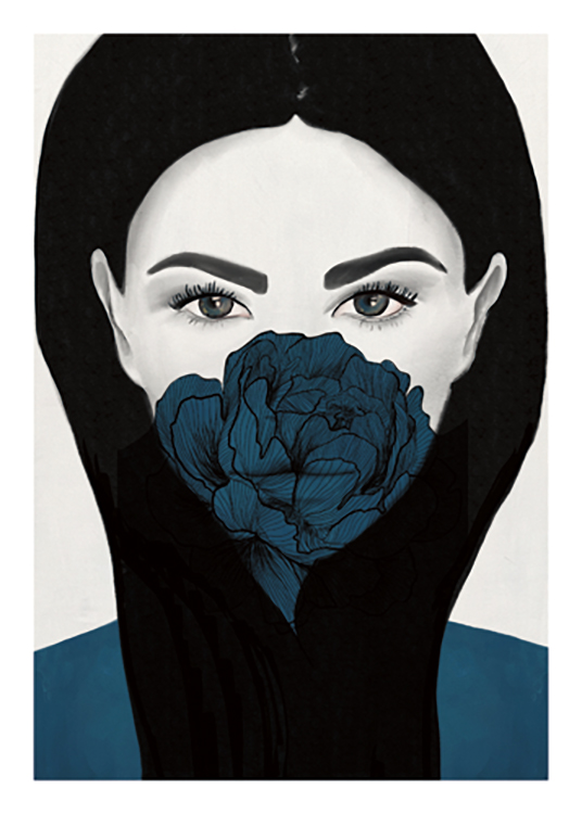  – Dibujo de una mujer de cabello negro con una peonía azul que le cubre la boca, y fondo gris claro