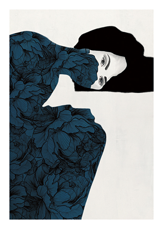  – Dibujo de una mujer cubierta por un estampado floral en color azul, y fondo gris claro