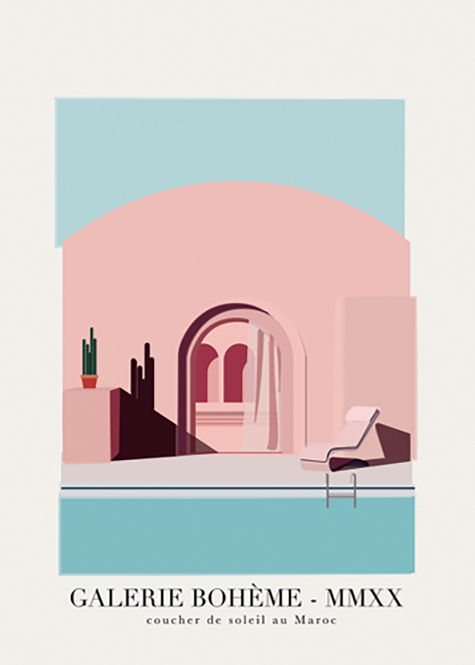  – Ilustración de diseño gráfico con una pisicina y una casa rosa, y texto en la parte inferior del motivo