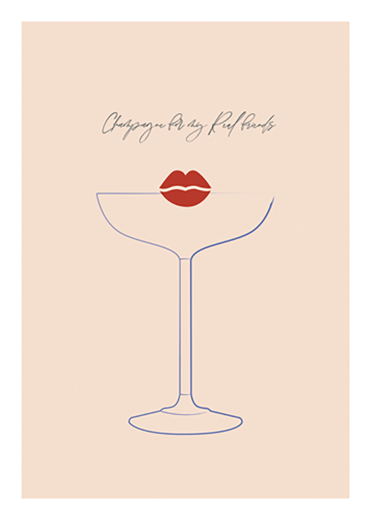  – Ilustración de unos labios rojos y una copa de Martini azul y texto encima, fondo beis