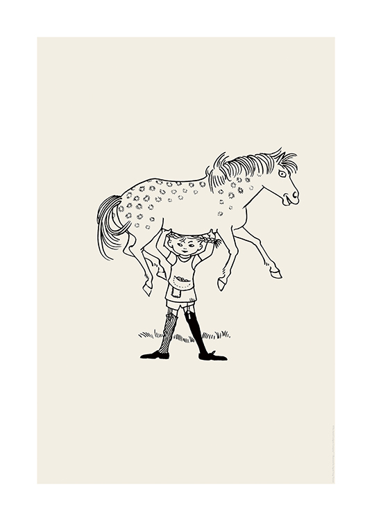  – Ilustración con un dibujo de Pippi Calzaslargas levantando un caballo por encima de la cabeza