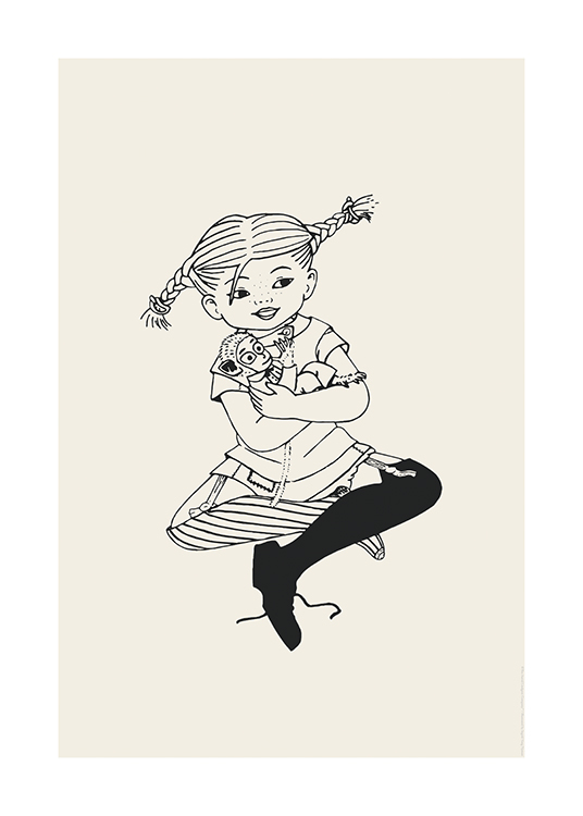  – Ilustración con un dibujo de Pippi Calzaslargas sentada con las piernas cruzadas y con su monito en brazos.