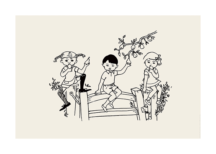  – Ilustración de Pippi Calzaslargas y sus amigos, Tommy y Annica, sentados en una valla con ramas y hojas.