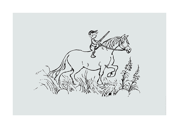  – Ilustración en negro de Miguel el travieso montando a caballo por un campo con pasto y flores.