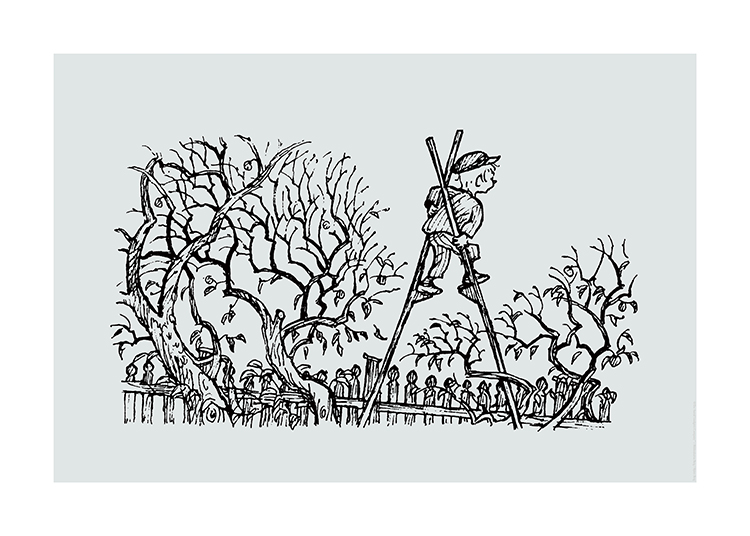  – Ilustración en negro de Miguel el travieso en zancos con una valla y árboles alrededor.