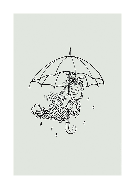  – Ilustración del personaje del cuento de Karlsson en el tejado con un paraguas y pijamas a rayas.