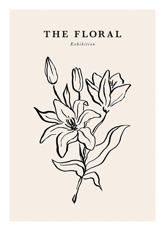  – Ilustración con flores negras sobre un fondo beis claro y frase en la parte superior del motivo.