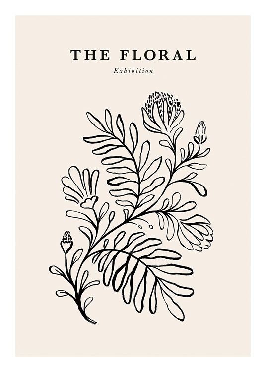  – Ilustración con hojas y flores negras sobre un fondo beis claro y frase en la parte superior del motivo.