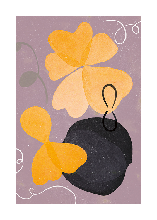  – Ilustración con flores abstractas en amarillo y negro, y fondo violeta.
