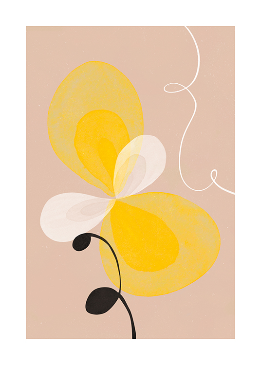  – Ilustración con una flor abstracta en amarillo y blanco, y fondo beis.