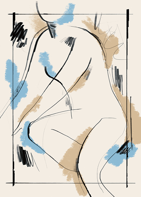  – Pintura de un cuerpo desnudo delineado en negro con brochazos azules, beis y negros, y fondo beis claro.