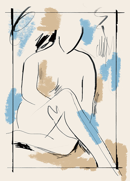  – Pintura de un cuerpo desnudo y sentado, delineado en negro con brochazos azules, beis y negros, y fondo beis claro.