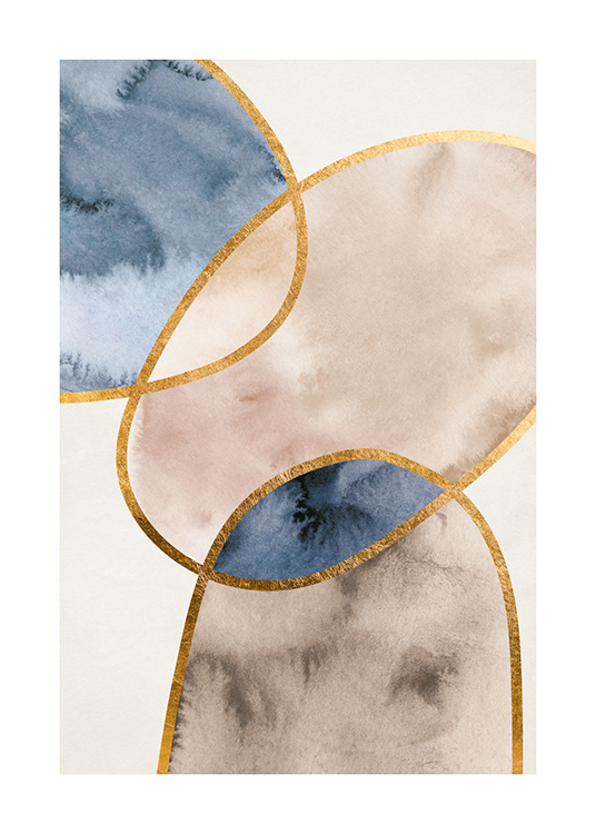  – Pintura en acuarela con figuras abstractas de color beis y azul y delineadas en dorado, fondo gris claro.