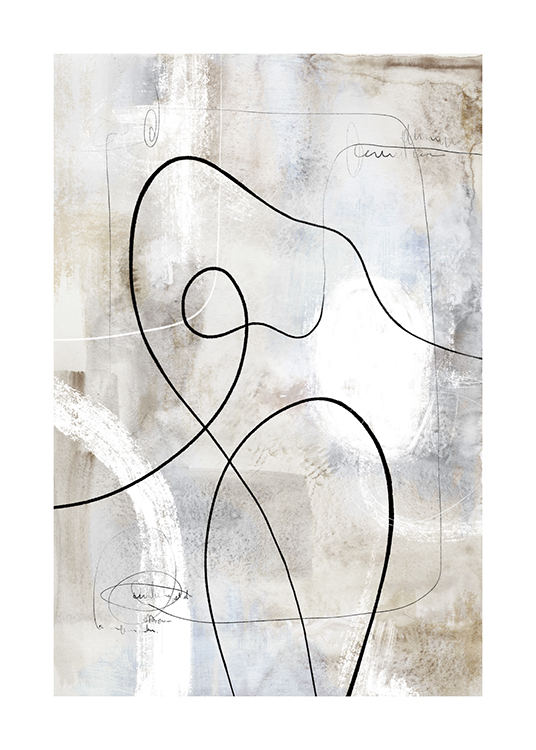  – Pintura abstracta en color beis grisáceo con líneas abstractas en negro y blanco.