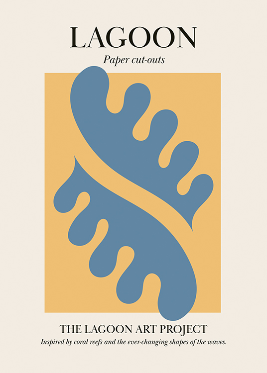  – Ilustración de diseño gráfico con figuras abstractas en azul en un cuadrado amarillo y fondo beis con texto.