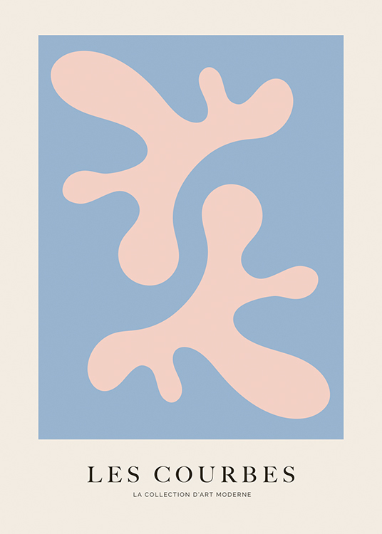  – Ilustración de diseño gráfico con figuras abstractas de color rosa sobre un fondo azul y beis claro.