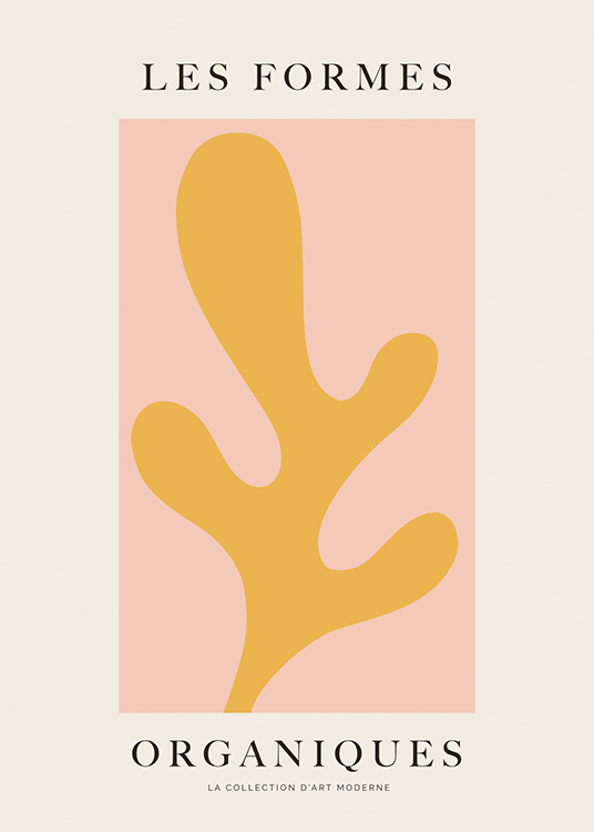  – Ilustración de diseño gráfico con una figura abstracta en color amarillo dentro de un rectángulo rosa, fondo beis claro.