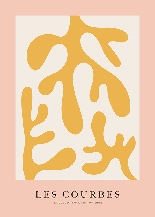  – Ilustración de diseño gráfico con corales abstractos en color amarillo en un cuadrado gris claro, y fondo rosa.