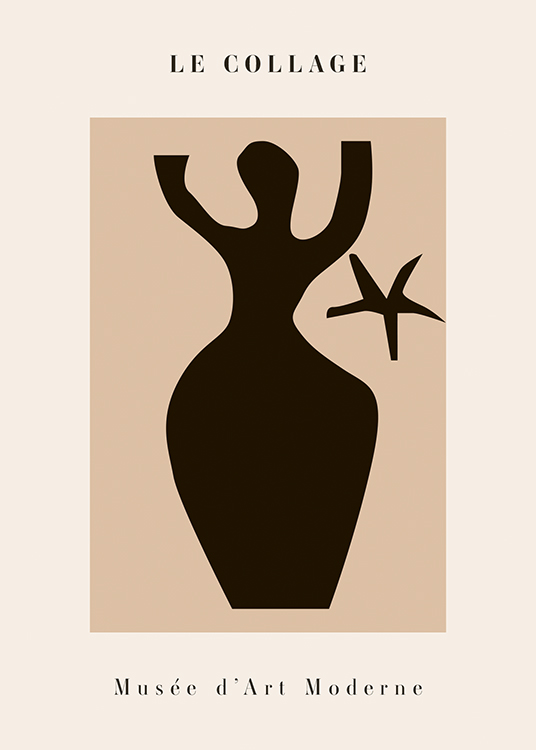  – Ilustración de diseño gráfico con una figura abstracta y gruesa y una estrella en un rectángulo beis, y fondo en diferentes tonos de beis.