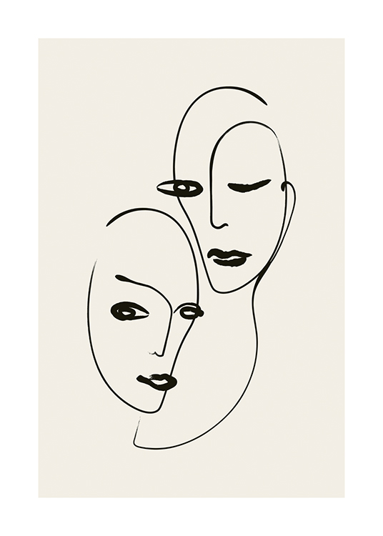  – Dibujo en arte de línea con rostros abstractos en negro y fondo beis claro.